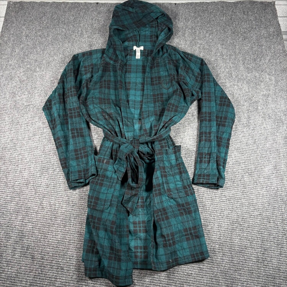 PINK Victoria's Secret Robe Womens XS/S Green Excellent Plaid Fleece Hooded
